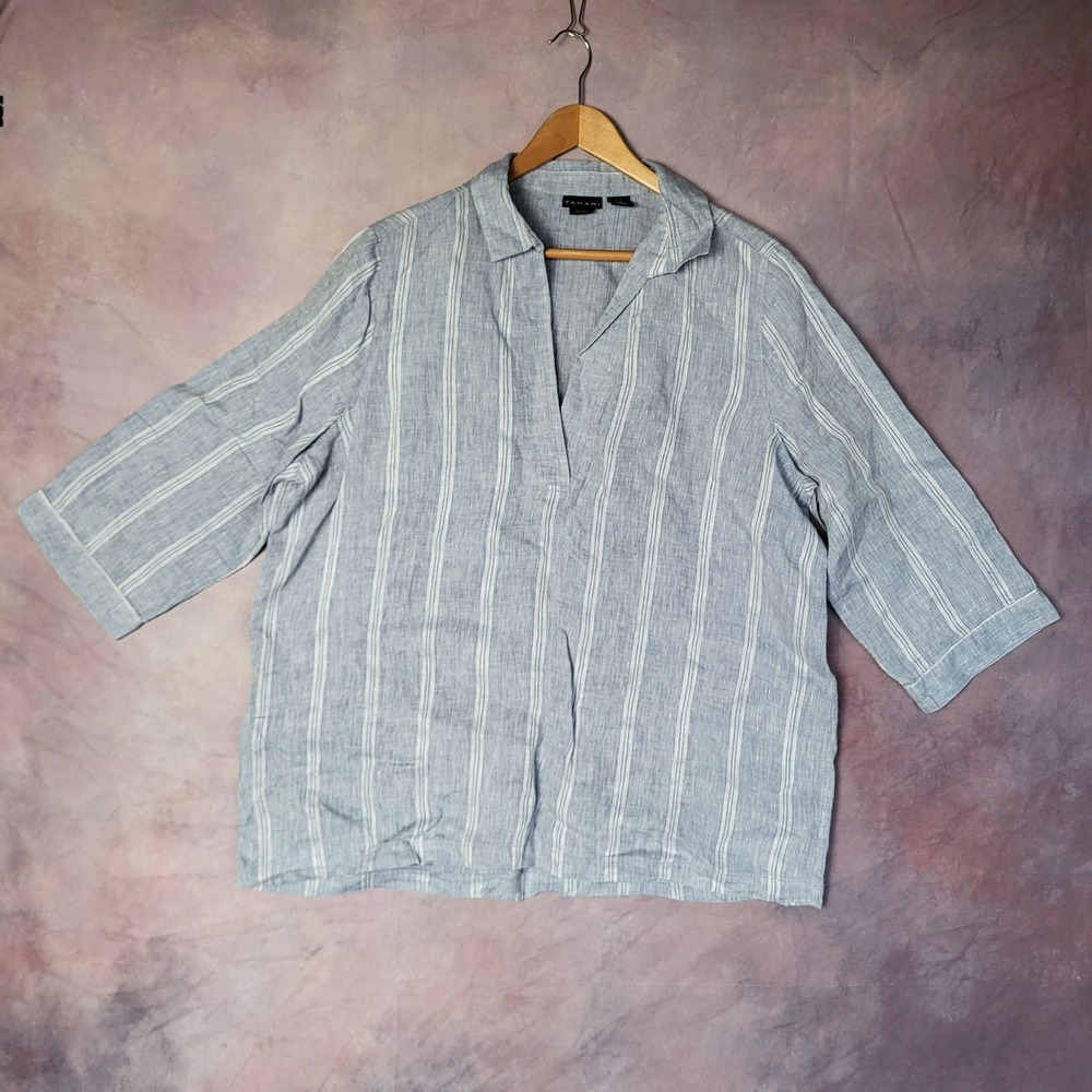 Tahari 100% Linen Striped V-Neck Tunic Blouse Blue White 3/4 Sleeve XL Top